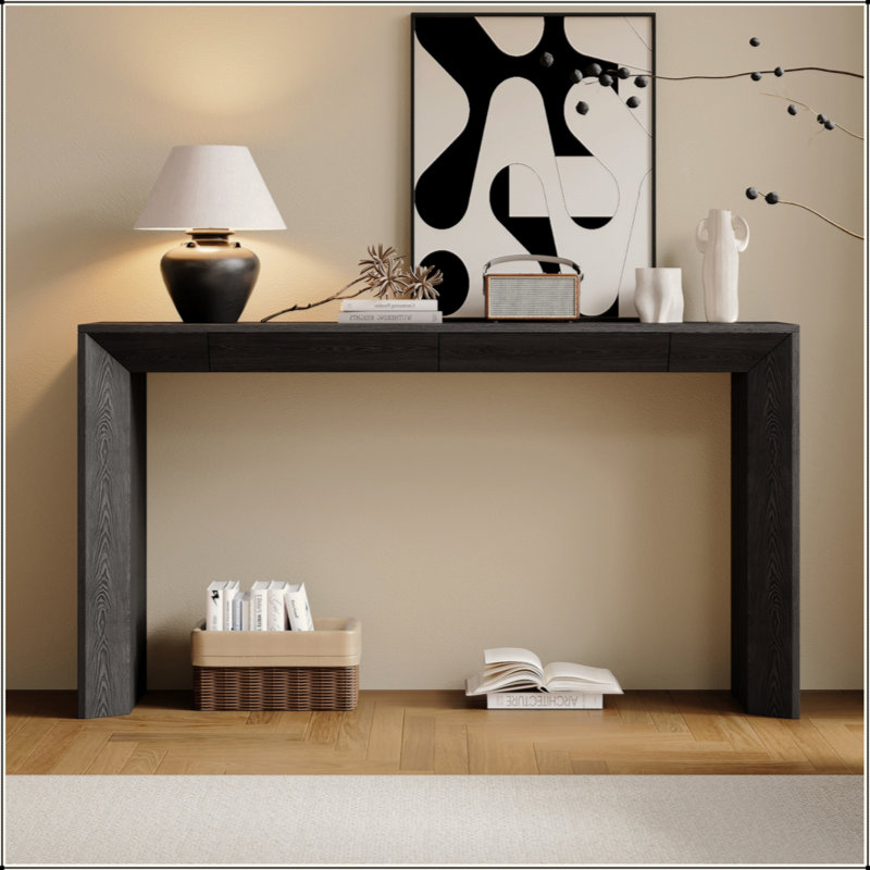 Console 60 po avec 2 tiroirs dissimulés, table d'entrée de style cascade avec pieds épaissis et grain de bois rustique pour le salon, le vestibule et le couloir