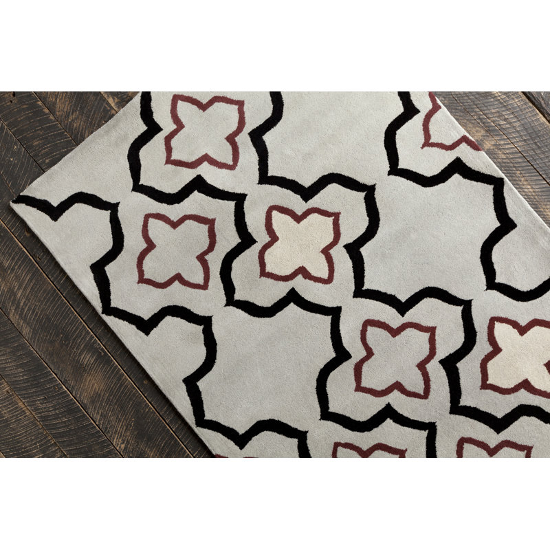 Tapis marocain moderne en laine touffeté à la main ivoire, noir, bourgogne et crème Ailey
