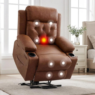 Fauteuil inclinable électrique surdimensionné avec fonction de levage et massage chauffant, en cuir PU marron