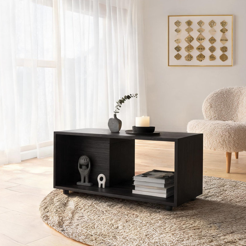 Table basse sur roulettes noir mat pour le salon, centre mobile rectangulaire moderne avec tablette, 36 de large