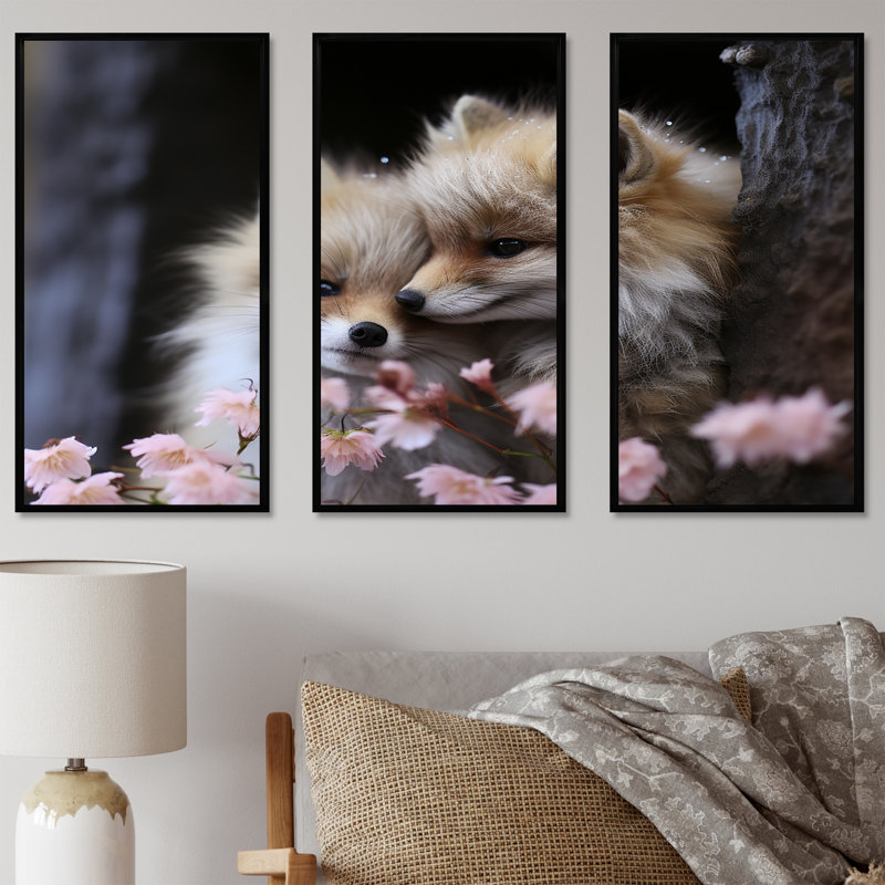 «Springtime Fox's Gaze I», art mural animal, H 28 po x l 36 po, Cadre flottant noir