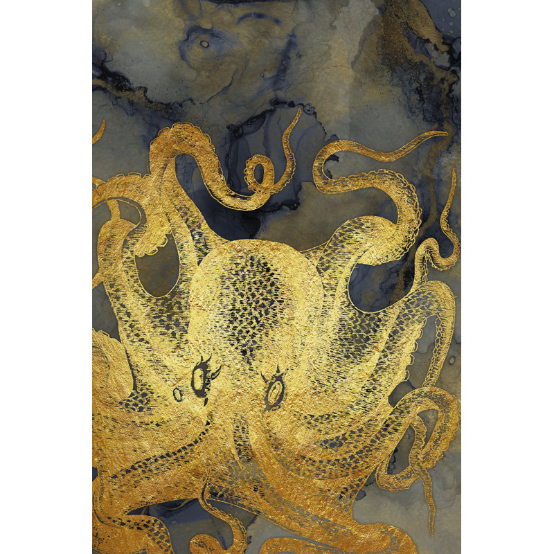 Pieuvre encre dorée et bleue II, H 12 po x l 8 po x P 1,25 po