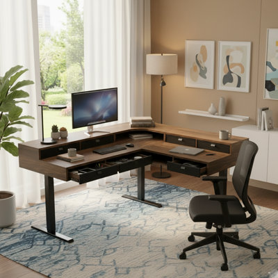 65.5" × 57.6" L-Shaped Electric Standing Desk With 6 Storage Drawers, Dual-Level Corner Sit-Stand Desk, Power Strip Tray & Cable Management, Height Ad