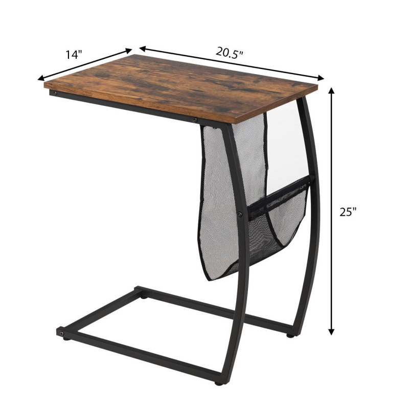 C-shaped Vintage End Table with Side Pocket and Metal Frame,Rustic Brown