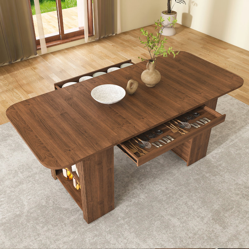 Table de salle à manger de style Mid-Century avec tiroirs et rangement à aire ouverte