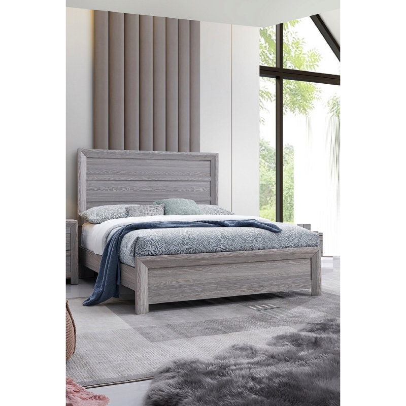 Très grand lit à panneau de style rustique contemporain gris avec finition glamour gris, Très grand lit