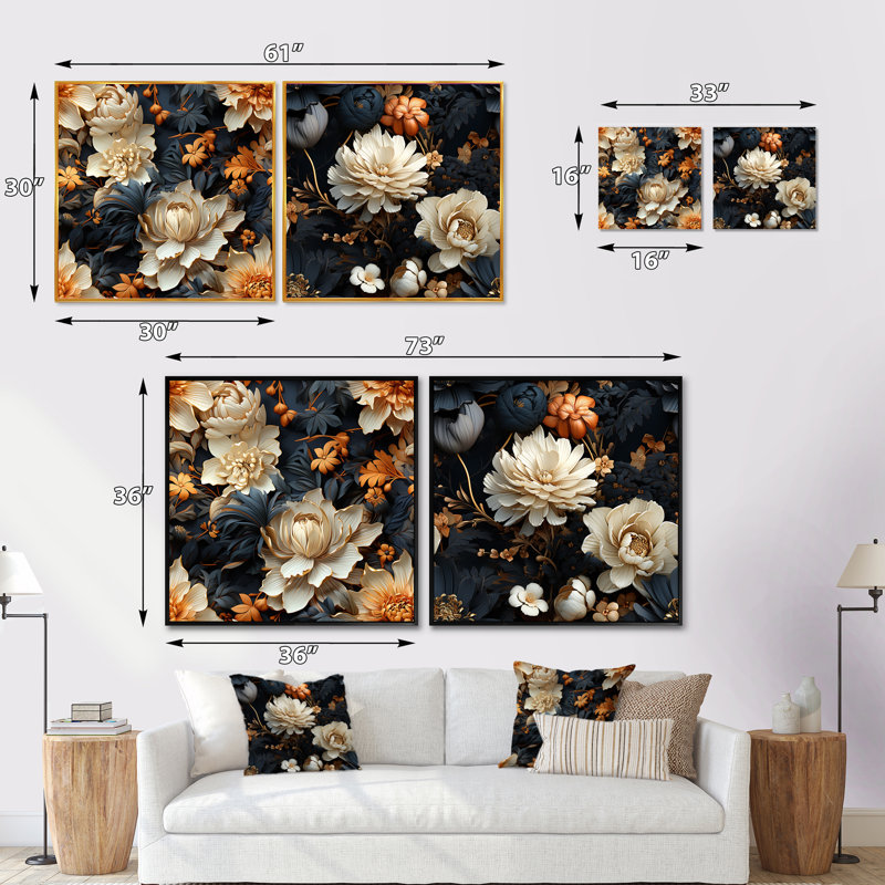 Rochers - Ensemble de 2 collages floraux carrés, H 16 po x l 33 po, Cadre flottant doré