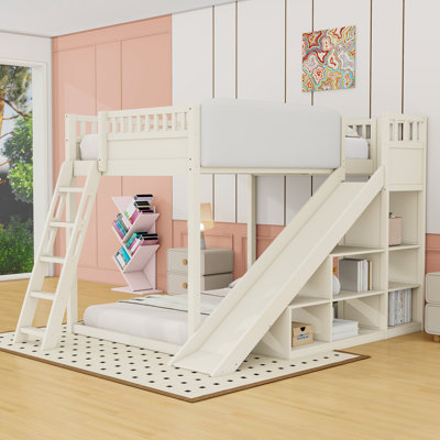 Loft Bed with Slide and Storage Shelves