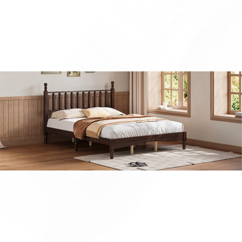 Grand lit plateforme en bois avec tête de lit en forme de gourde, lit plateforme de style rétro avec support en lattes de bois, noyer