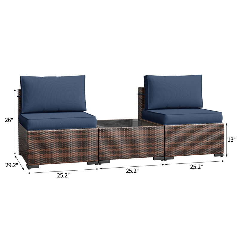 Anterion 25.2" W 3-Piece Wicker Patio Seating Group with Cushions, Navy Blue