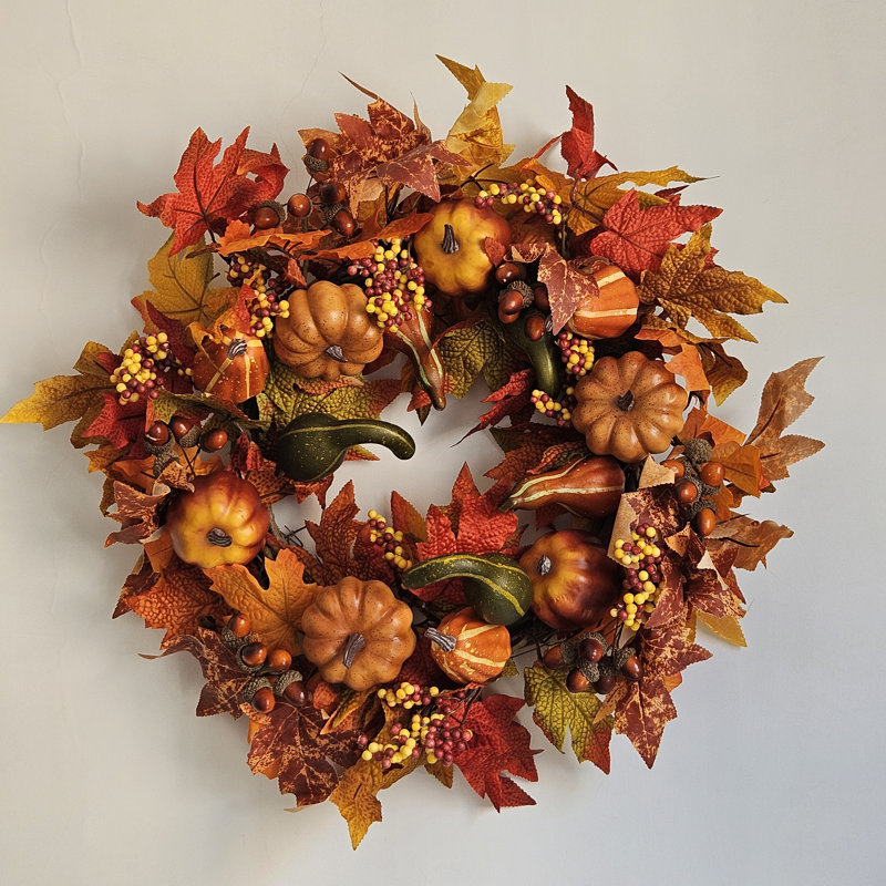 Couronnes artificielles de 56 cm (22 pouces), couronne d'automne avec citrouille et feuilles d'érable, décorations de fête pour l'intérieur et l'extérieur