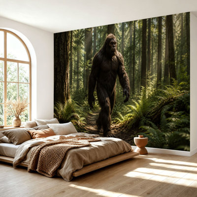 Wall Mural Peel and Stick Wallpaper Sasquatch Walking Sunlit Forest Dense Green Foliage Gorilla Self-Adhesive Removable Contact Paper Wall Decor for Living Room Bedroom 69"H x 96"W