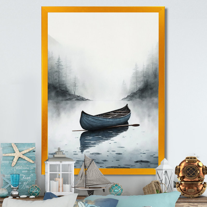 Canot sur le lac I - art mural grand bateau côtier, H 40 po x l 30 po, Cadre doré
