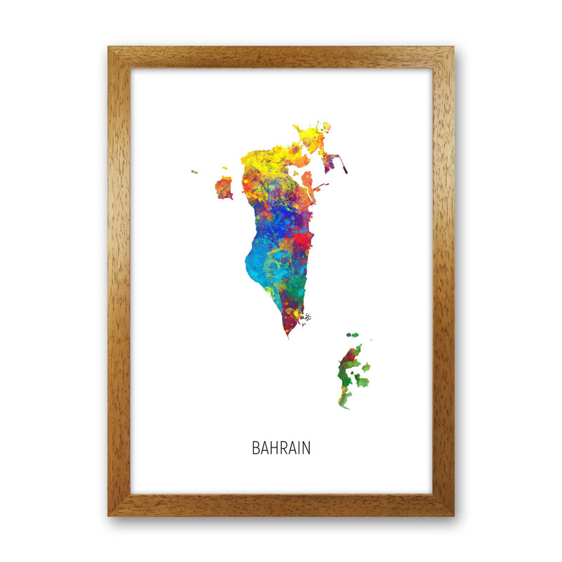 Bahrain Watercolour Map by Michael Tompsett - 1 Piece Wall Art, 88cm H x 64cm W x 3cm D, Brown Framed