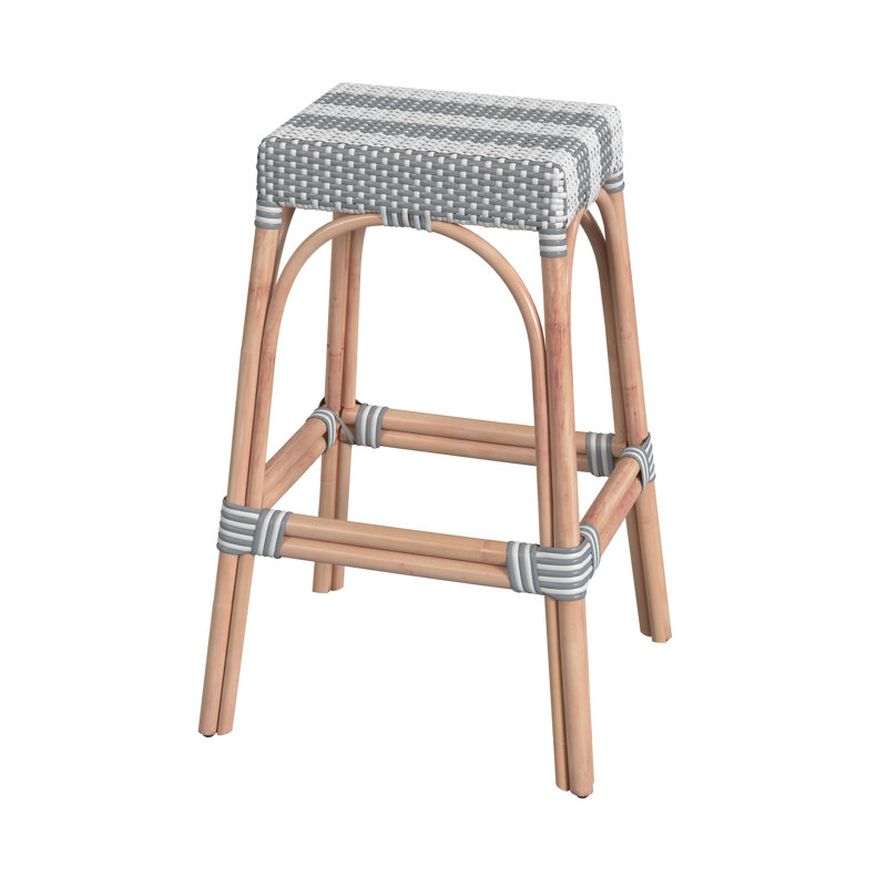 Robias Rattan Bar & Counter Stool, White/Navy Dot/ Natural Rattan Frame, Bar Stool (30" Seat Height)