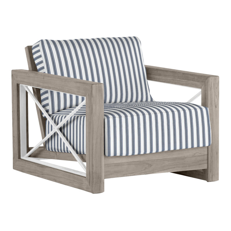 Malta Teak Outdoor Lounge Chair, Oyster Teak/Brushed Stainless, No welt + Standard fill, Perigold Excel Denim