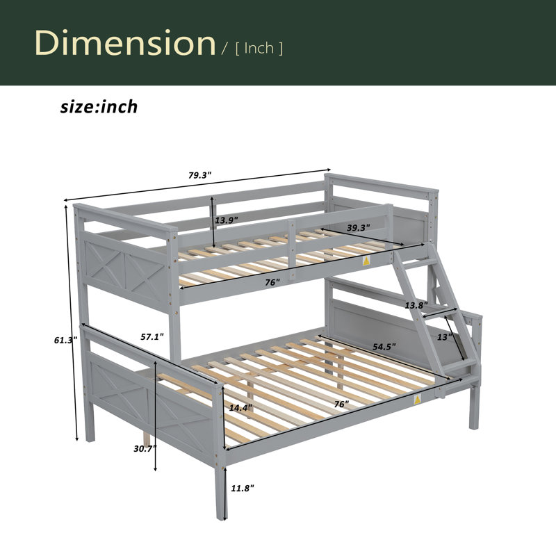 Twin Over Full Bunk Bed With Ladder, Safety Guardrail, Perfect For Bedroom, Gray