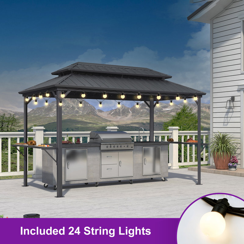 Aluminum Hardtop Grill Gazebo with Lighted, 6' x 12', Gray