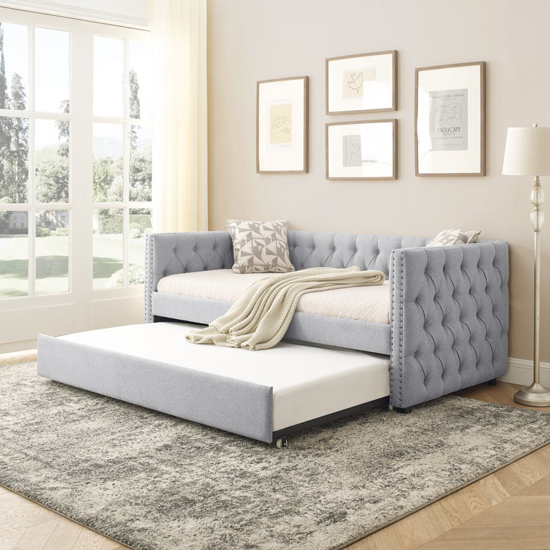 Lit de jour simple avec couchette et clou en cuivre sur accoudoirs carrés, Gris