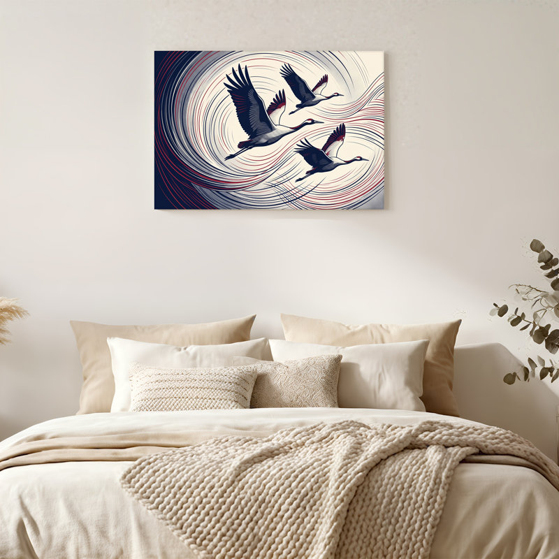 Trois grues volant bleu marine et rouge sur toile, 20"H x 30"W