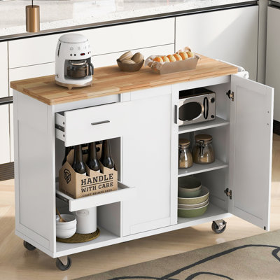 K&K Kitchen Island With Foldable Counter Top, Kitchen Storage Cart With Slide-Out Shelf, Towel Rack And Drawer, Rolling Kitchen Cart On Wheels, For Kitchen, Living Room, Dining Room, White