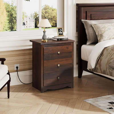 Tall Nightstand With Charging Station, Wood Nightstand With 3 Drawers, Bedside Tables Bedroom, Dorm, End Table With 2 Usb Ports And 2 Ac Outlets