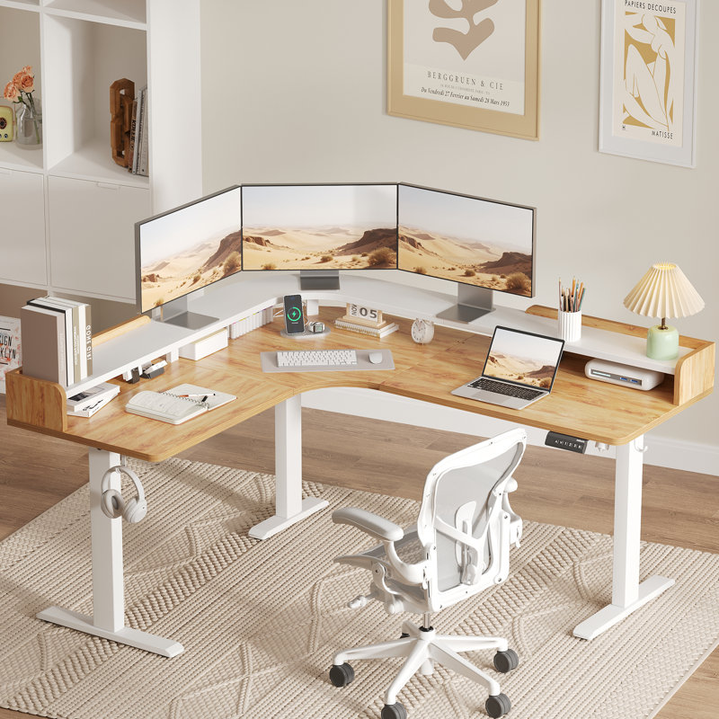 Bureau debout en L de 63 po pour ordinateur, bureau de coin électrique à hauteur réglable pour le bureau personnel, Naturel
