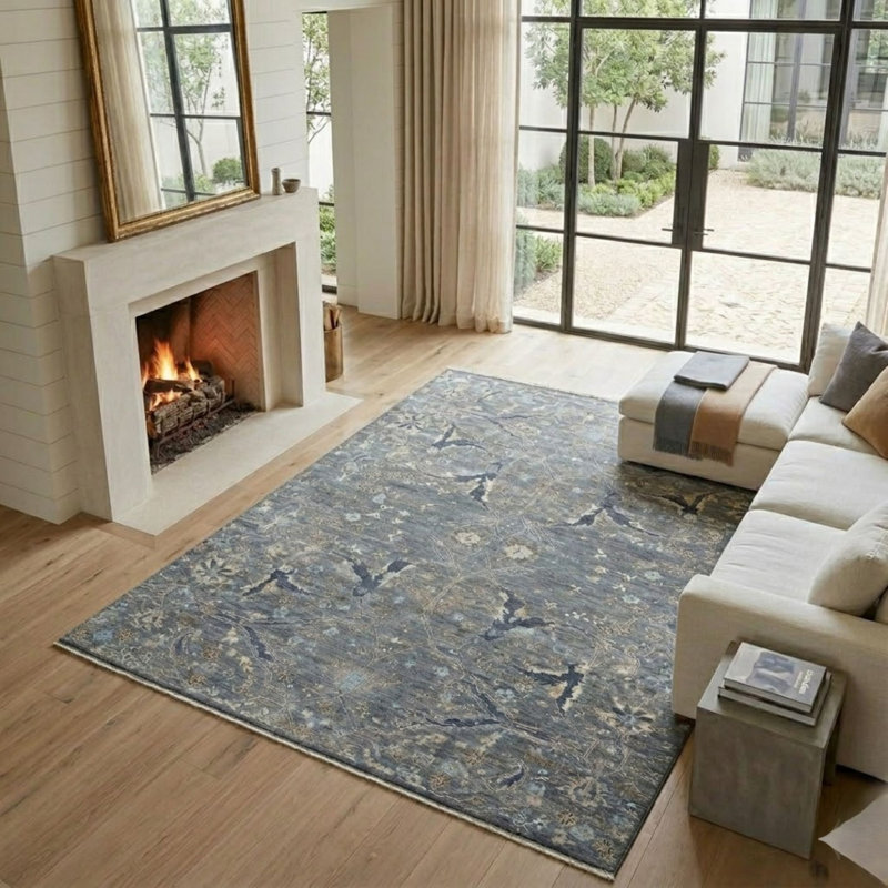 Tapis gris / bleu en laine noué à la main Hillard, Rectangle 2 pi x 3 pi