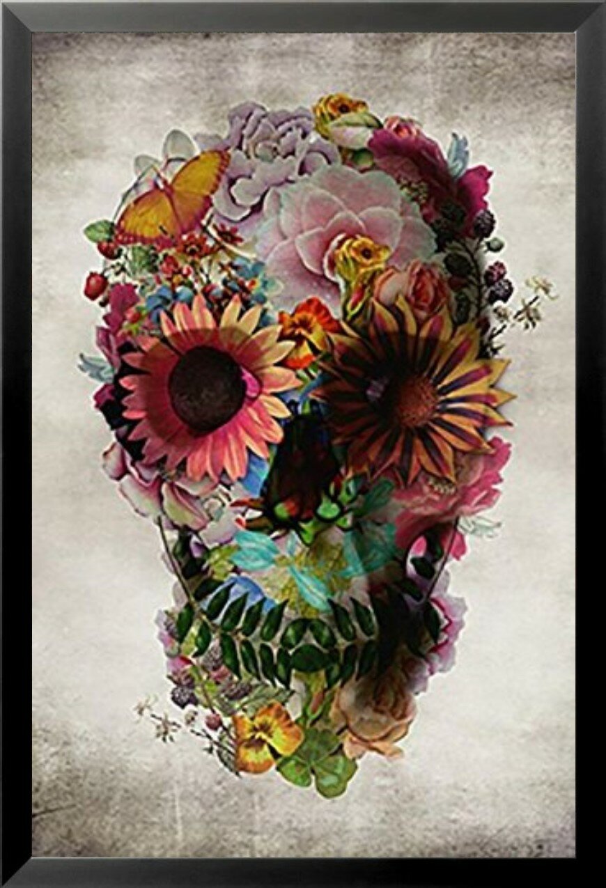 Flower Skull - Day Of The Dead Skull With Colorful Flowers Framed On Paper  Print