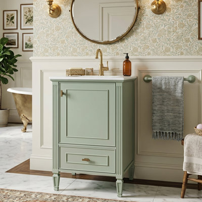 20" Artisan Freestanding Bathroom Vanity With Integral Ceramic Sink, Solid Wood Frame Console With Built-In Door Organizer & Lower Storage Vault (Grey /Green)