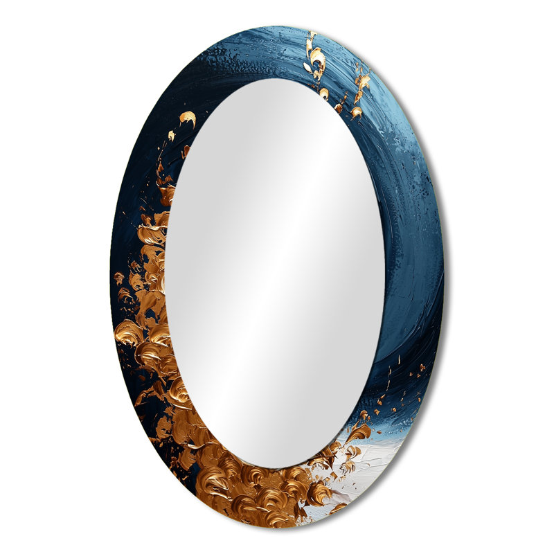 Bleu et or spiralant majestueux Vortex I - miroir décoratif ovale abstrait sur métal, 36 po x 24 po