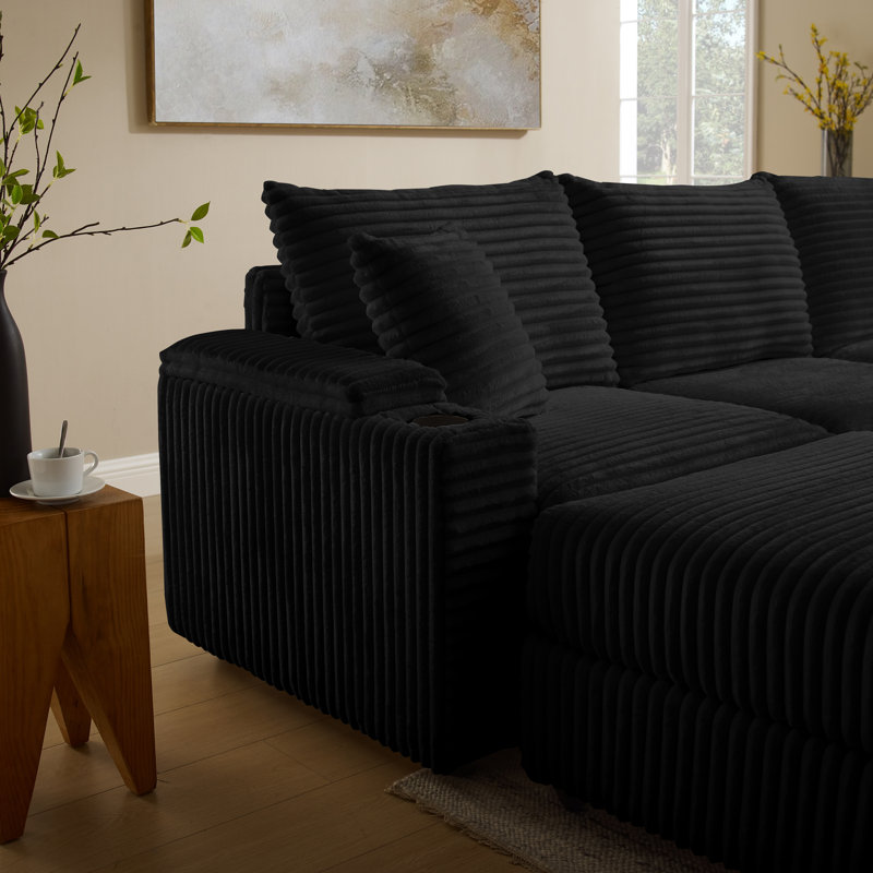 Convertible Sectional Sofa With Hidden Storage Armrests, A Movable Ottoman, 2 USB Ports, 2 Cup Holders, A Phone Holder