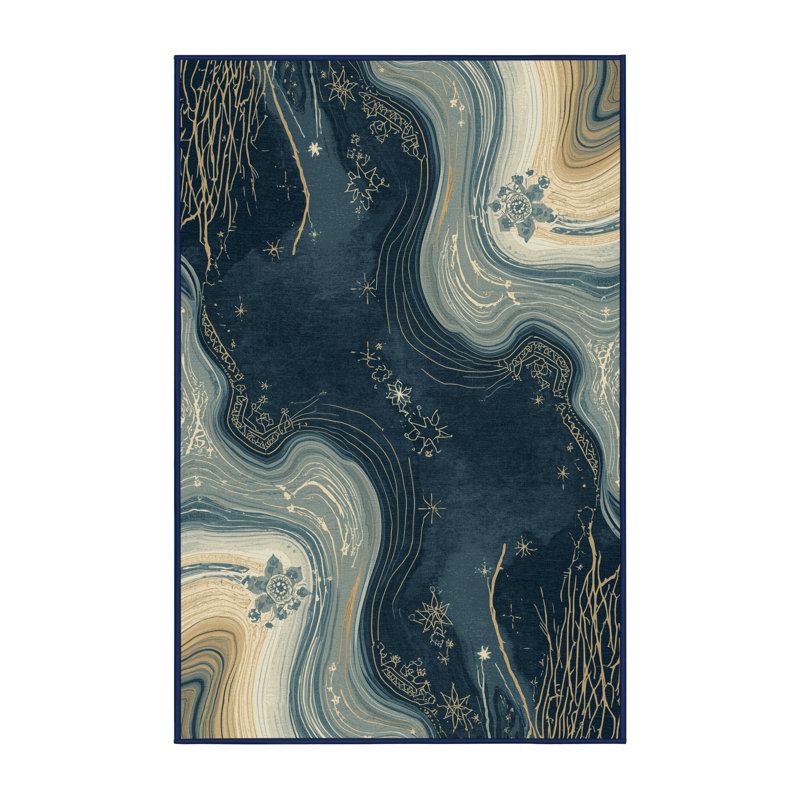 Tapis marocain d'inspiration mondiale Orionna lavable à la machine - reliure bleu marine, 3 X 5