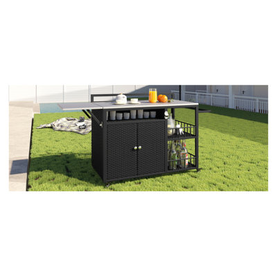 63.5" Outdoor Kitchen Island with Foldable Tabletop - Weather-Resistant Grill Cart for Patio, Backyard BBQ Station with Ample Storage, Dark Brown