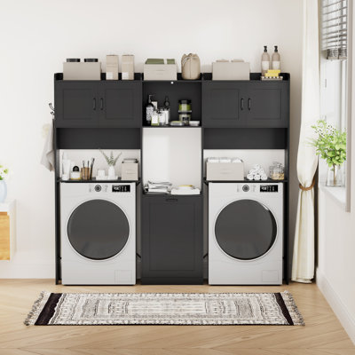 Washer Dryer Countertop With Shelf, Pedestal with Storage Cabinet, Laundry Room Organizer with Tilt-Out Hamper, Multi-layered Laundry Room Wood Topper With Edge, Anti-Tip Design