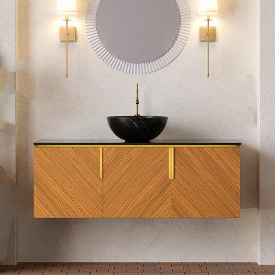 Meuble-lavabo 48 po, meuble-lavabo flottant en contreplaqué, comptoir en pierre frittée noire avec vasque en céramique noire, chêne brun