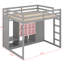 Lit mezzanine en bois pleine grandeur avec garde-robe, tablettes et armoire, conception peu encombrante avec tablettes et garde-corps multicouches-121466679