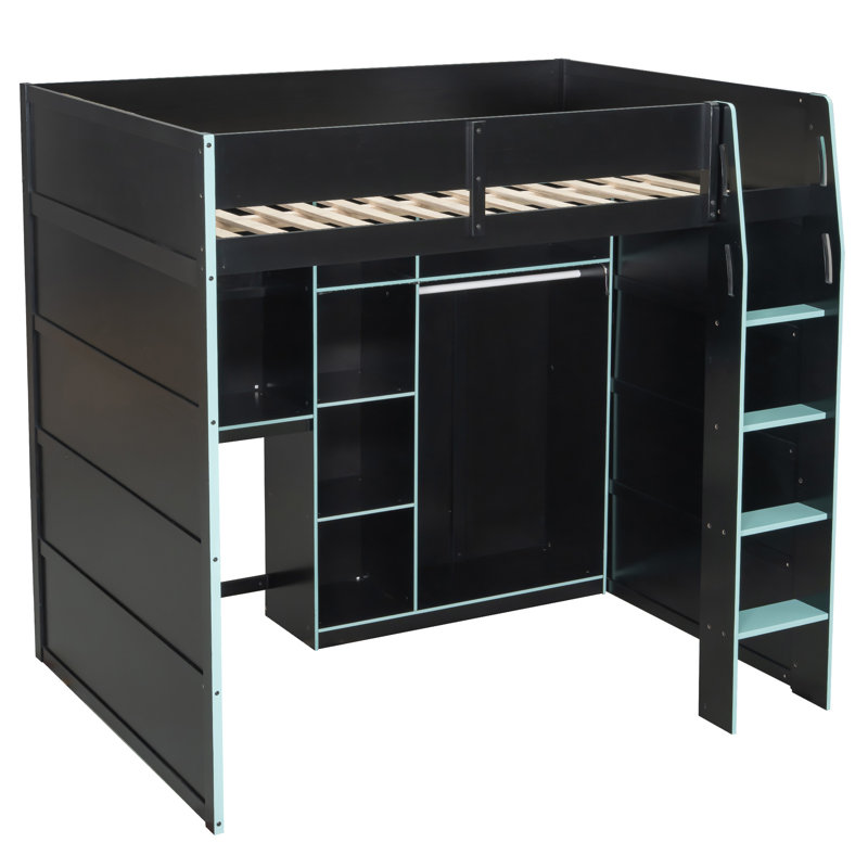 Lit mezzanine en bois avec bureau, Bleu
