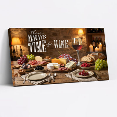 Vin et fromage, planche de charcuterie sur toile tendue, reproduction de peinture à l'huile avec texte, il y a toujours du temps pour le vin, décor de cuisine rustique (ensemble de 1)