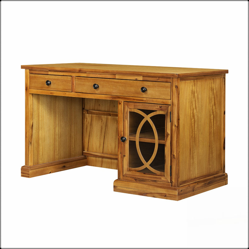 Élégant et fonctionnel bureau en bois d'acacia avec tiroirs et armoire en verre, parfait pour le bureau à domicile et les espaces d'étude