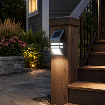 4-Pack Stainless Steel Solar Fence Wall Sconces | Waterproof Outdoor Motion-Sensor Lighting with Warm Ambiance for Backyard Posts, Decks, Porches, Stair Rails, Docks, Gates, Walkways, Steps, Patios and Gardens