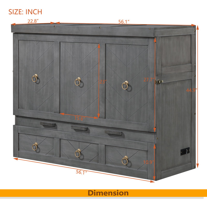 Lit escamotable avec port USB et grand tiroir, Lit double , Gris