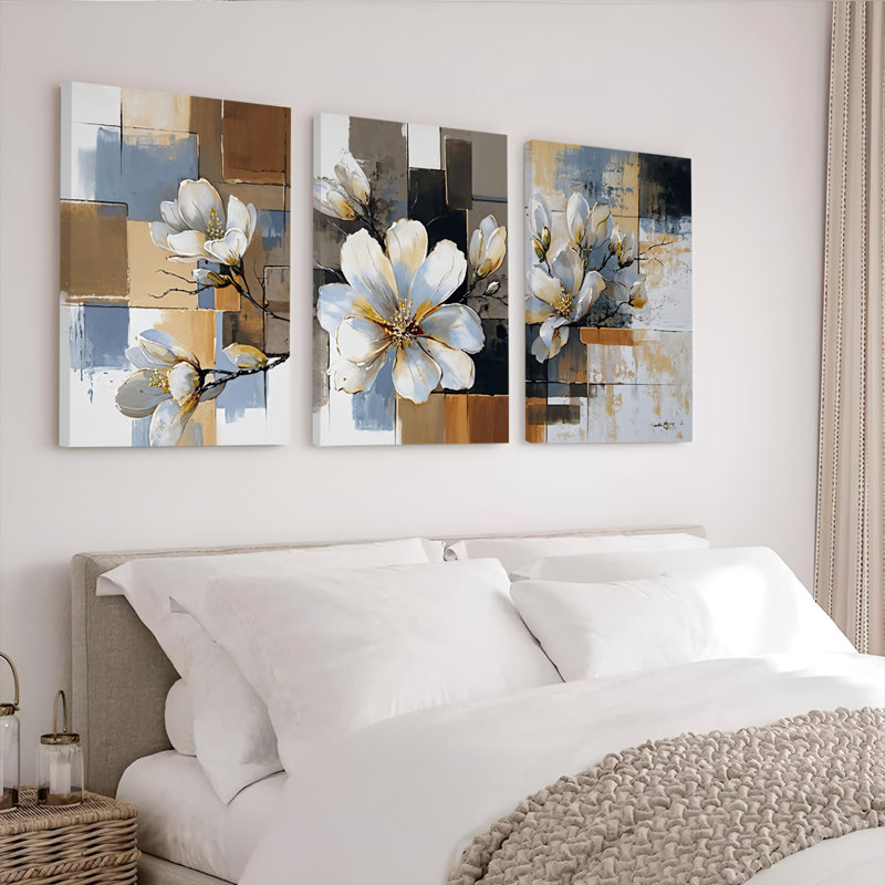 Tableau abstrait floral sur toile tendue (ensemble de 3), H 24 po x l 48 po