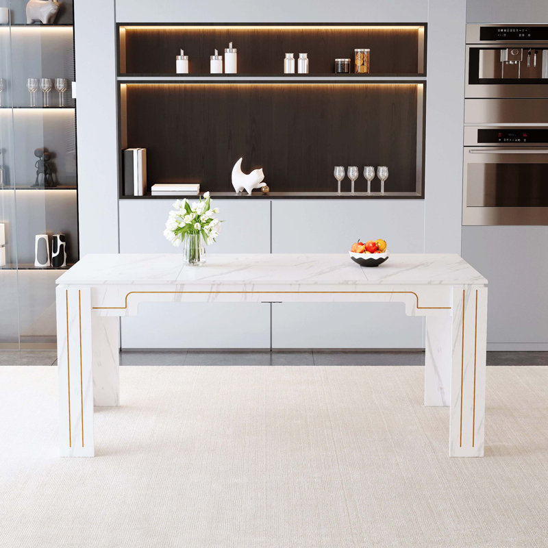 Table de salle à manger 71 po x 31,5 po à motif de panneaux de fibres à densité moyenne en marbre blanc et pieds cannelés pour 6 à 8 personnes