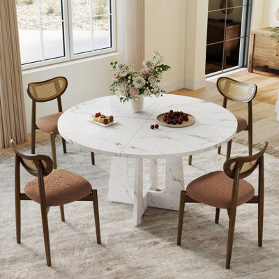 Ensemble de table de salle à manger extensible 5 pièces, plateau de table en bois aggloméré et chaises en rotin de bois massif avec coussin Boucle, ensemble de salle à manger en bois de style Mid-Century pour la salle à manger