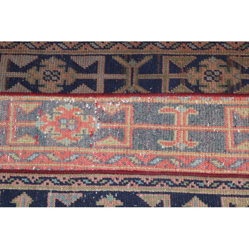 Authentic Vintage Turkish Mat in Navy with Intricate Geometric Design for Home Decor