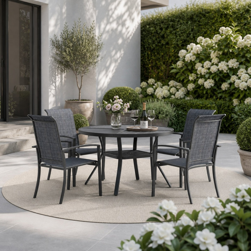 4-Person Round Patio Dining Set With Stackable Textilene Chairs, Black