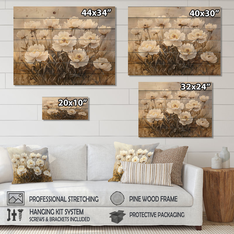 Peonies In The Barnyard Mist II - Peonies Wood Wall Art - On Natural Pine Wood, 24" H x 32" W x 0.78" D