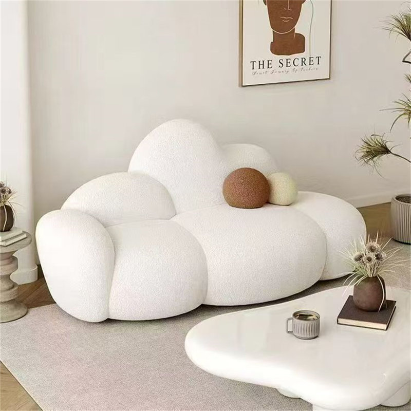 Modern Cream Cloud-Shape Sheepskin Fabric Sofa with Soft Cushions for Living Room, Bedroom or Boutique Lounge, White Velvet