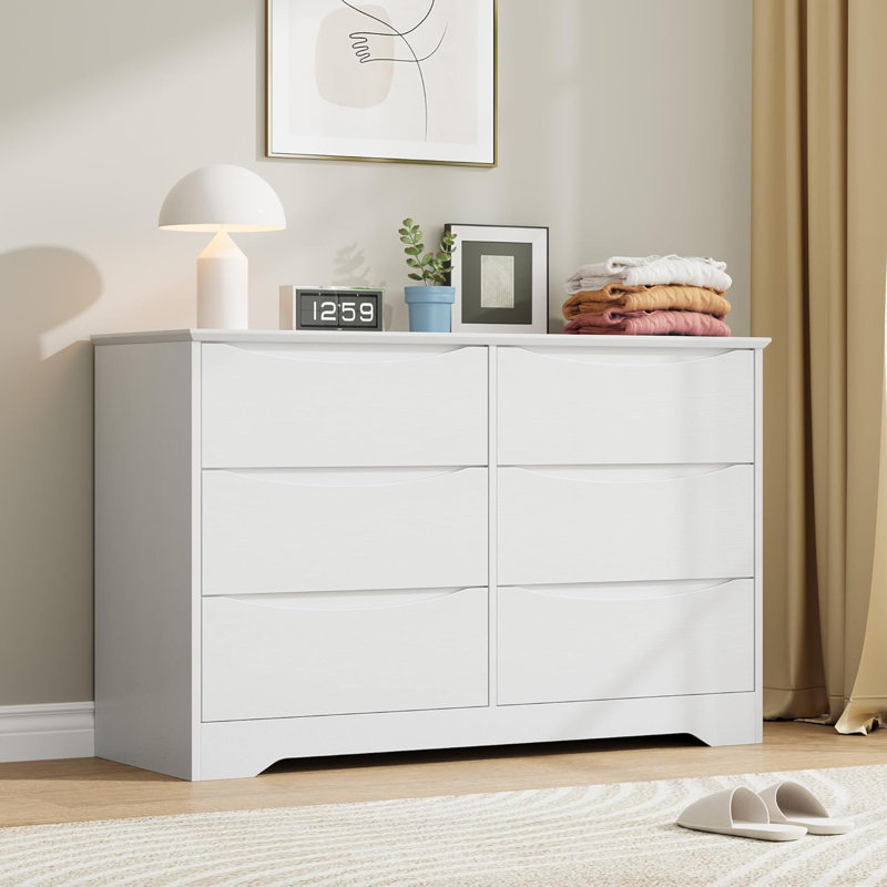 Commode haute 6 tiroirs en bois, commode de rangement moderne avec plateau large, blanc, Blanc